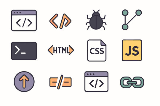 Web development icons: html, css, javascript, coding, debugging, linking, terminal