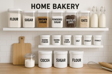 Clean kitchen shelves organize home bakery ingredients. Essential baking supplies create a welcoming cooking space.