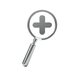 Fototapeta premium A polished silver magnifying glass with a distinct plus sign inside its lens, symbolizing the action of zooming in, enhancing, or increasing visual detail and focus.