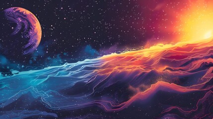 vector flat emissions portrayed as visual pulse echoing through time, bouncing off major climate events, cinematic memory map