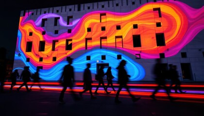 Light show on building. People walk past a modern building facade illuminated with a vibrant, abstract projection mapping art installation at night.