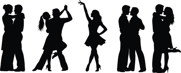 Silhouette of couples dancing, elegant dance poses, romantic movement illustration, perfect for wedding invitations, dance studio ads, event promotions, vector art