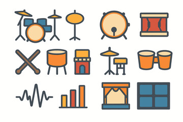 Colorful music icons collection featuring drums and percussion elements