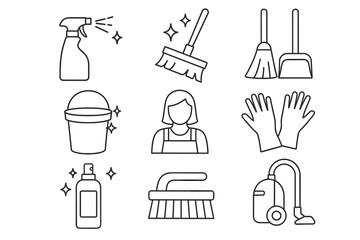 Cleaning service icons set – spray, mop, bucket, gloves, vacuum, brush