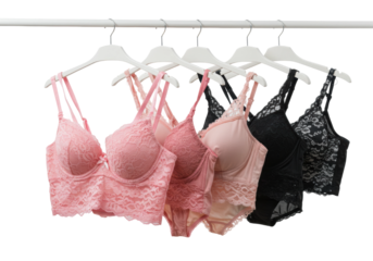 Elegant lace bras displayed in soft pastel colors retail store fashion indoor setting. Cut out png