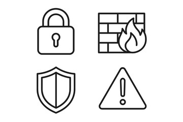 Cyber Security Line Icons – Lock, Firewall, Shield, Warning