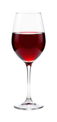 standalone red wine glass on a white background, in a sleek style, with precise details, soft glow, studio setup, high resolution