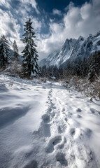 Obraz premium Winter Wonderland Footprints Through Fresh Snow in Picturesque Mountain Valley Pine Trees and Dramatic Sky Perfect for Holiday Greetings or Nature Escape Promotions
