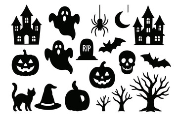 Halloween Icons Set &ndash; Pumpkins, Ghosts, Haunted House, Bat, Skull, Cat, Witch Hat, Tree
