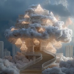 A fantastical library, nestled within a giant cloud, floats above a cityscape.  Ornate, white architecture with glowing light fixtures