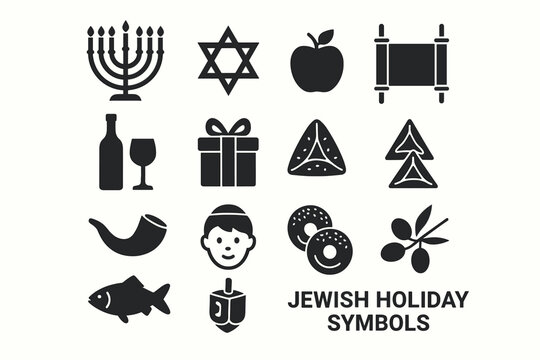 Jewish Holiday Symbols Icon Set – Hanukkah, Passover, Purim and Rosh Hashanah
