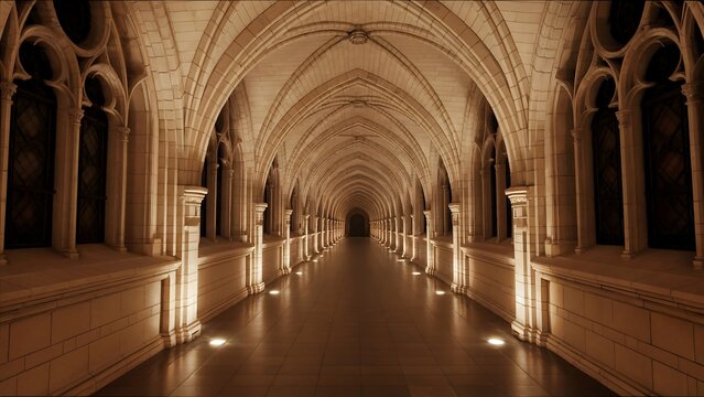 Long gothic hallway with arches and windows creating a perspective view, illuminated by soft light and moody shadows - Powered by Adobe