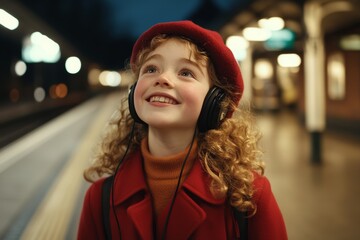 child with headphones standing on a platform at the station