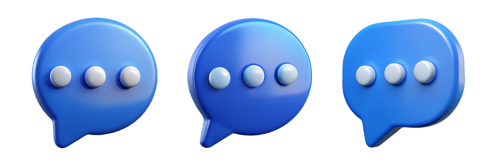 Three blue speech bubbles with ellipses isolated on transparent background
