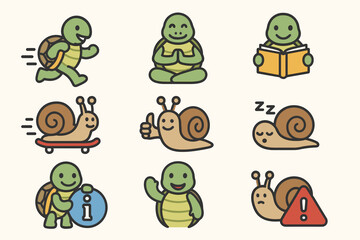 Obraz premium Funny Snail and Turtle Cartoon Icons Set