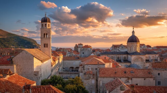 Golden hour light illuminates historic city buildings with red roofs a tall tower and large dome