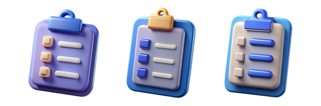 Three cartoon clipboards with checklists isolated on transparent background