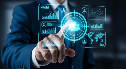Businessman using futuristic interface targeting global customer data analytics.