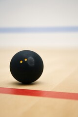 Black rubber squash ball sits patiently on court. Ready for fast-paced action and competitive play.