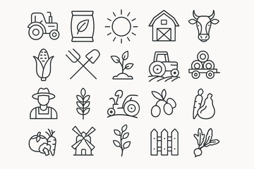 Fototapeta premium Farm Icons Set – Vector Symbols of Agriculture, Crops, Livestock, and Farming Equipment