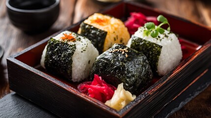 Japanese onigiri rice balls nori wrap served in bento box pickled vegetables on side