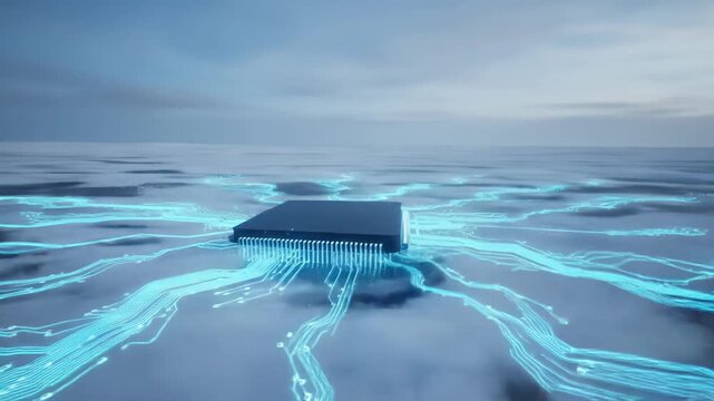 Abstract Digital Circuit Board Landscape Displaying Blue Glowing Lines and Processor in Soft Natural Light