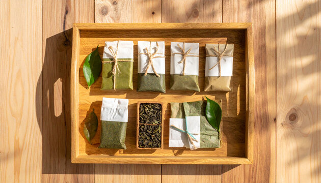 Eco branding flatlay: Plant based product on wood tray with green tea extracts give calm vibes. Biodegradable wrap looks nature friendly