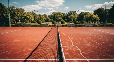 Empty clay tennis court with net stretching into a park under a blue sky