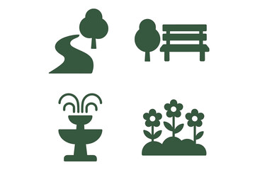 Urban Park Icons Set – City Green Spaces, Recreation Areas, and Outdoor Activity Symbols