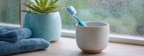 The Toothbrush Mug On Windowsill With Soft Morning Light And Minimal Decor