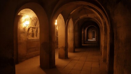 Fototapeta premium Mysterious and dimly lit tunnel with stone arches and walls in an ancient building with a long, dark passage