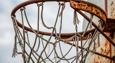 Rusty basketball hoop with frayed net against a cloudy sky.
