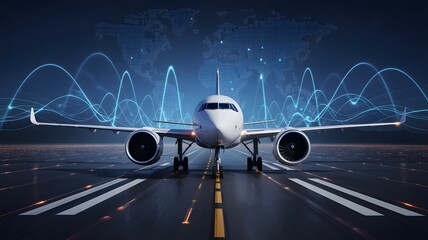 Modern commercial jet airplane on a runway at night with a futuristic glowing city skyline and data visualization overlay representing global connectivity and travel
