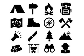 Set of Camping Gear Icons in Minimal Style