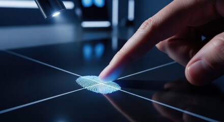 Finger scans a glowing fingerprint pattern on a glossy, technological surface