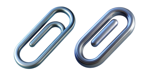 Two shiny metal paperclips isolated on transparent background