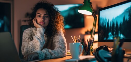 The Woman at Computer Desk Working Late in Cozy Home Studio