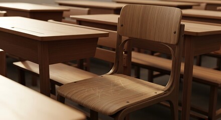 Empty wooden school desks and chairs arranged in rows within a classroom, bathed in soft light.