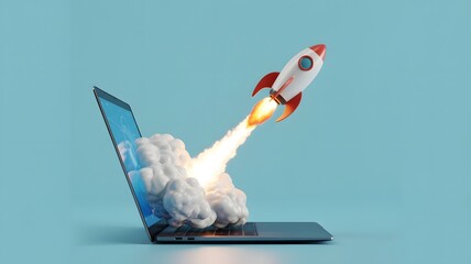 A powerful rocket launching from an open laptop symbolizing rapid business growth technological innovation and successful startup launch against a clean blue background