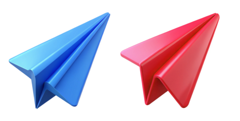 Two colorful paper airplanes flying towards the viewer isolated on transparent background
