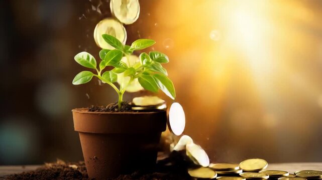 Seedling in Pot with Gold Coins, Wealth and Growth Symbol