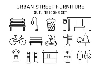 Obraz premium Urban Furniture Icons – City Infrastructure and Public Space Elements Set