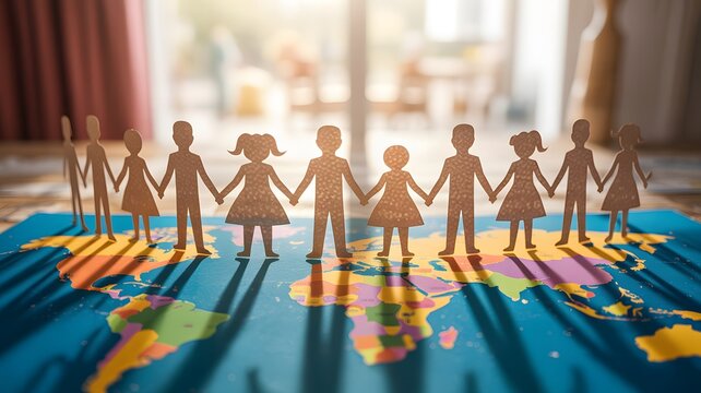 Diverse group of paper cutout people holding hands in a circle on a colorful world map symbolizing global unity and interconnectedness