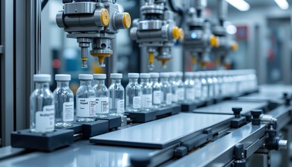 A complex pharmaceutical machine, constructed of stainless steel and clear acrylic panels, operates continuously