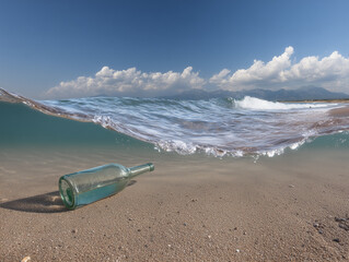 Glass bottle lying on the seabed near the shoreline with incoming waves