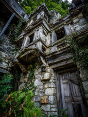 Naklejka premium Abandoned wooden building overgrown with vegetation