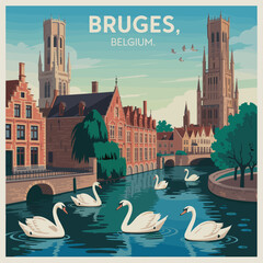 Fototapeta premium Bruges Belgium Medieval Canals and Swans Poster