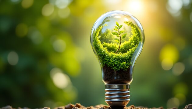 A close up of a lightbulb, partially filled with swirling, vibrant green foliage, symbolizing sustainable growth and the potential of eco friendly lighting - Powered by Adobe