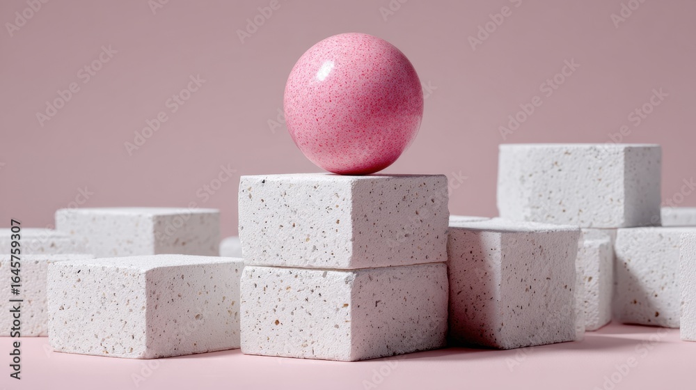 Canvas Prints pink sphere on textured white blocks with soft pink background