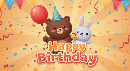 Colorful Birthday Greeting Card Featuring a Bear and Bunny with Confetti and Balloons